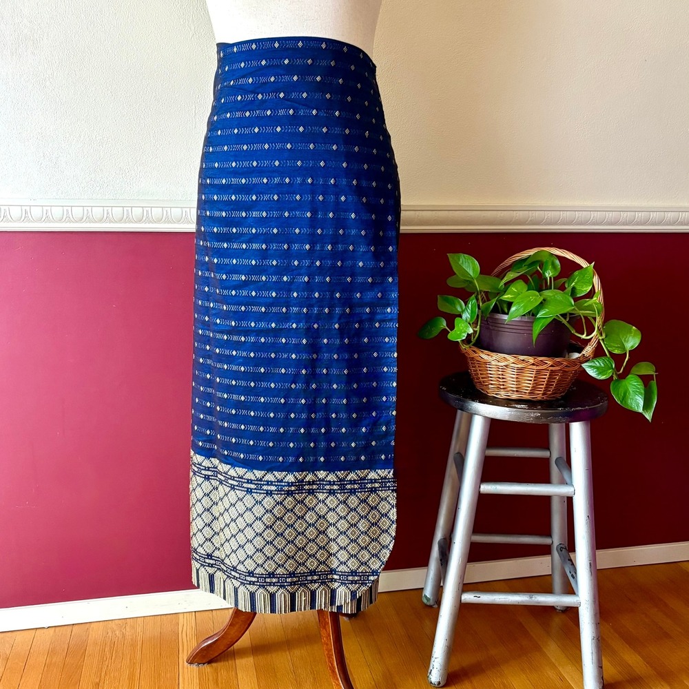 Vintage Rossukon Thai Wrap Skirt 100% Silk Brocade Blue Gold Tie Waist Maxi OS